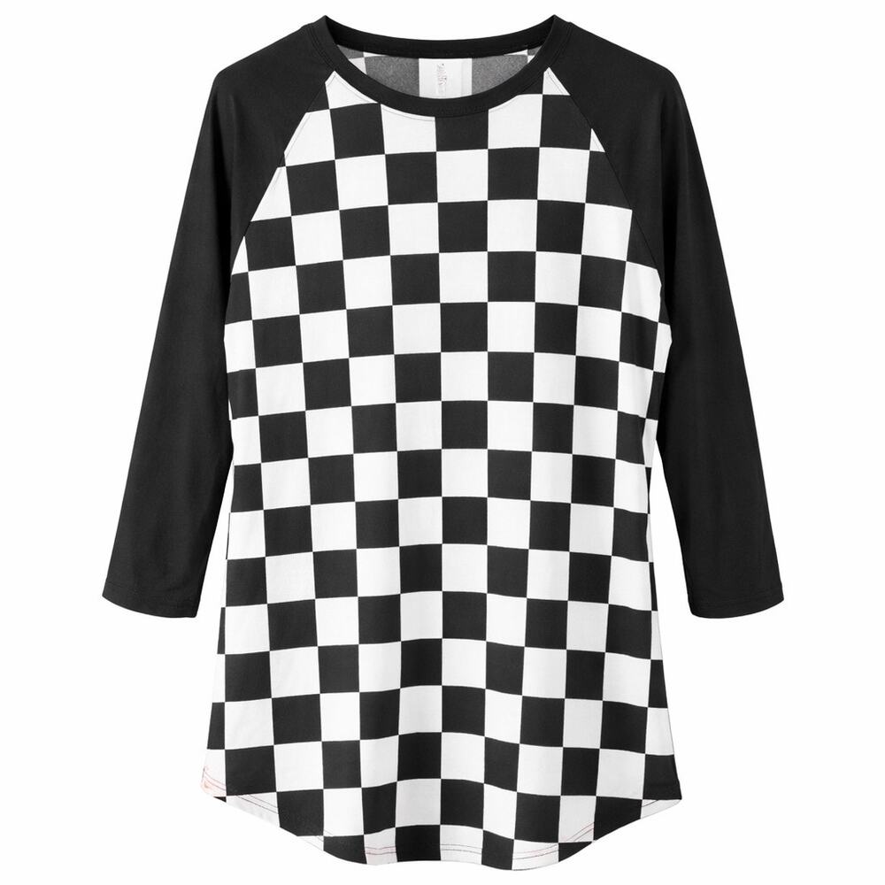 Checkerboard Raglan Top Black White Long Sleeve Crew Neck T-Shirt Size Small